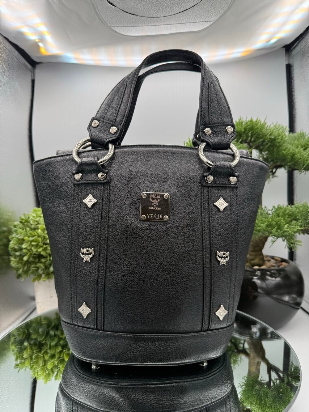 Vintage MCM Munchen Black Leather Studded Bucket Tote Bag
